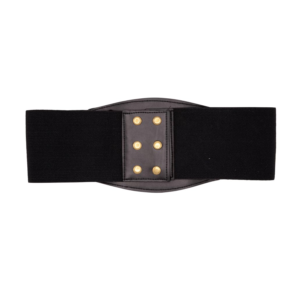 Black waist belt with gold buttons on a white background