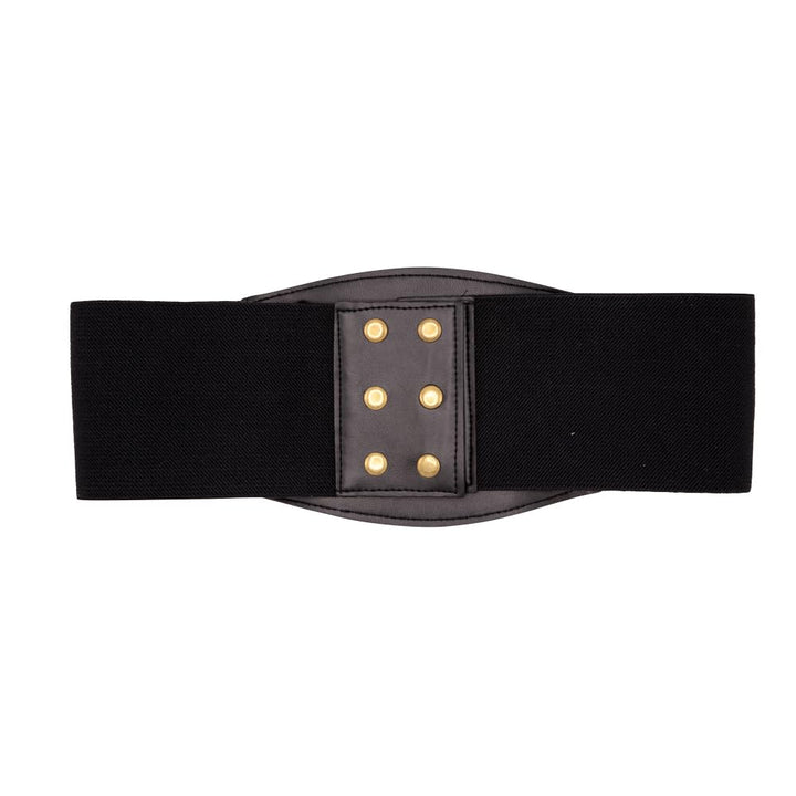 Black waist belt with gold buttons on a white background