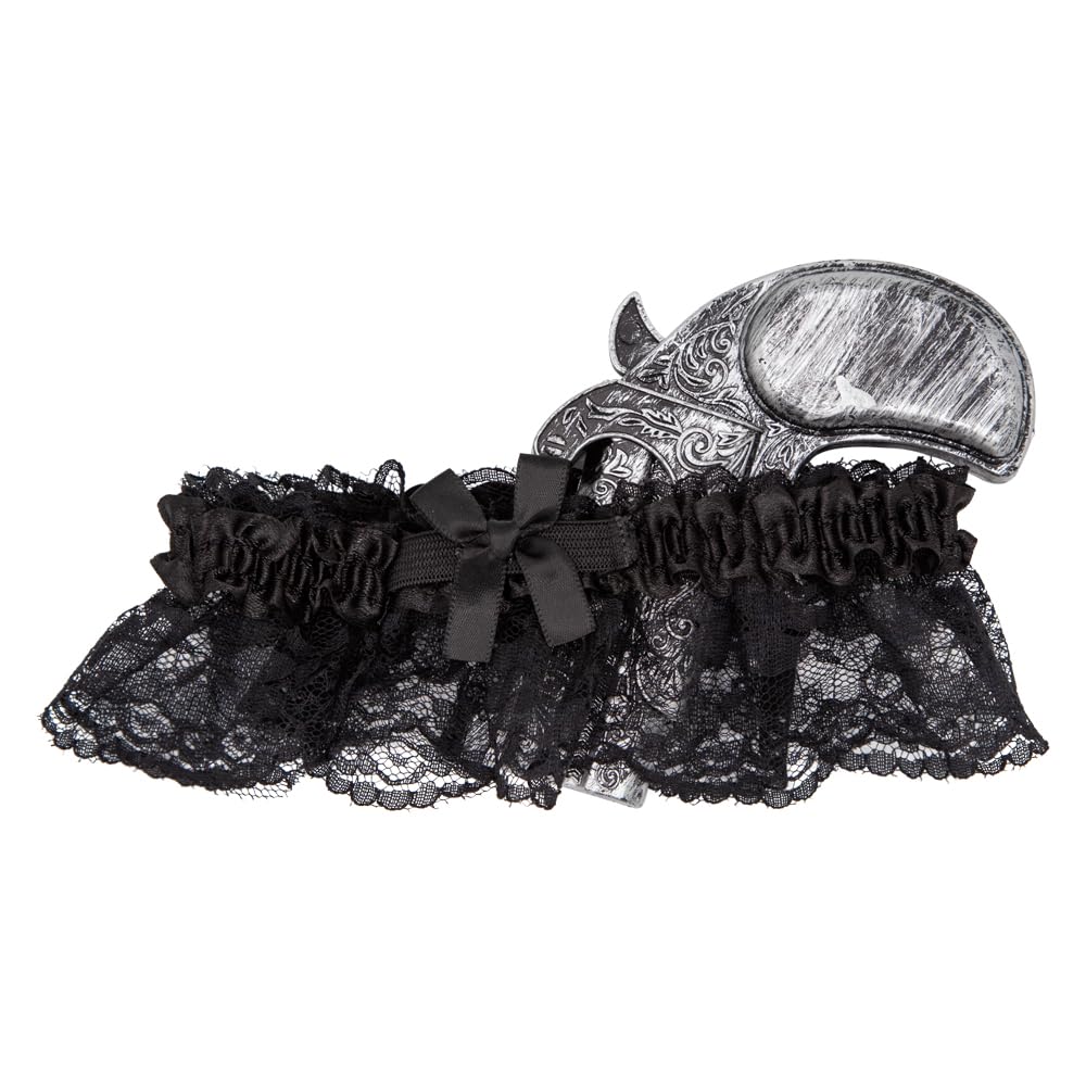 Black lace garter with a pretend pirate pistol gun prop for Halloween