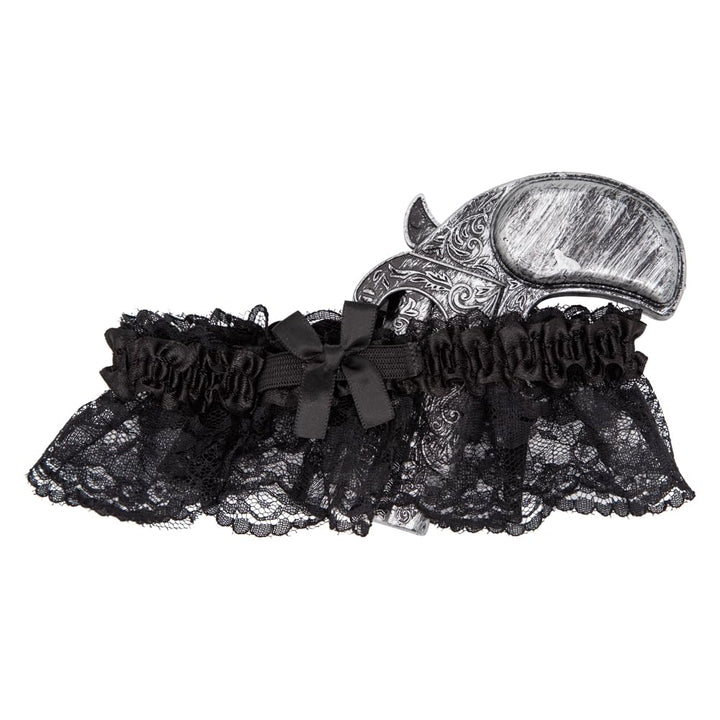 Black lace garter with a pretend pirate pistol gun prop for Halloween