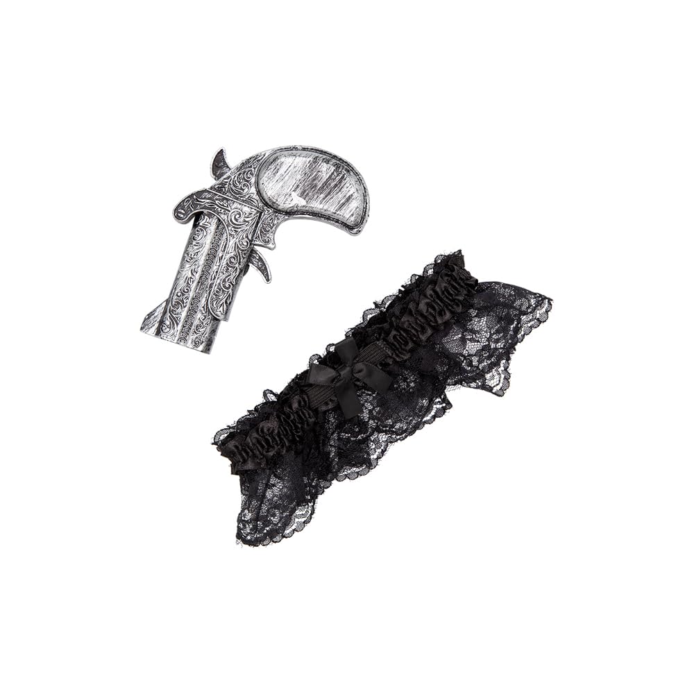 Black lace garter and silver fake pistol for fancy dress costumes