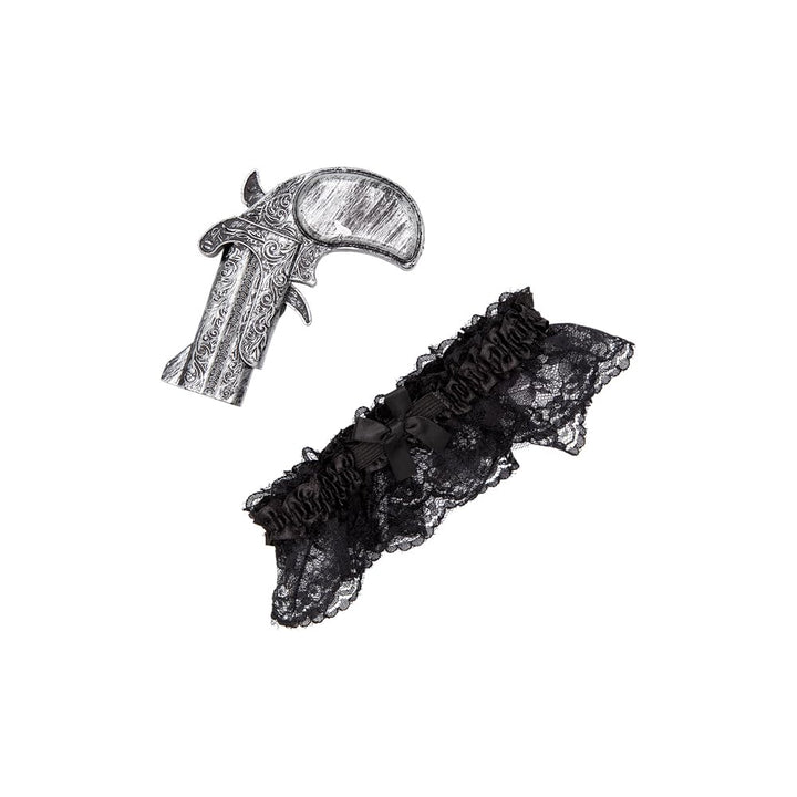 Black lace garter and silver fake pistol for fancy dress costumes