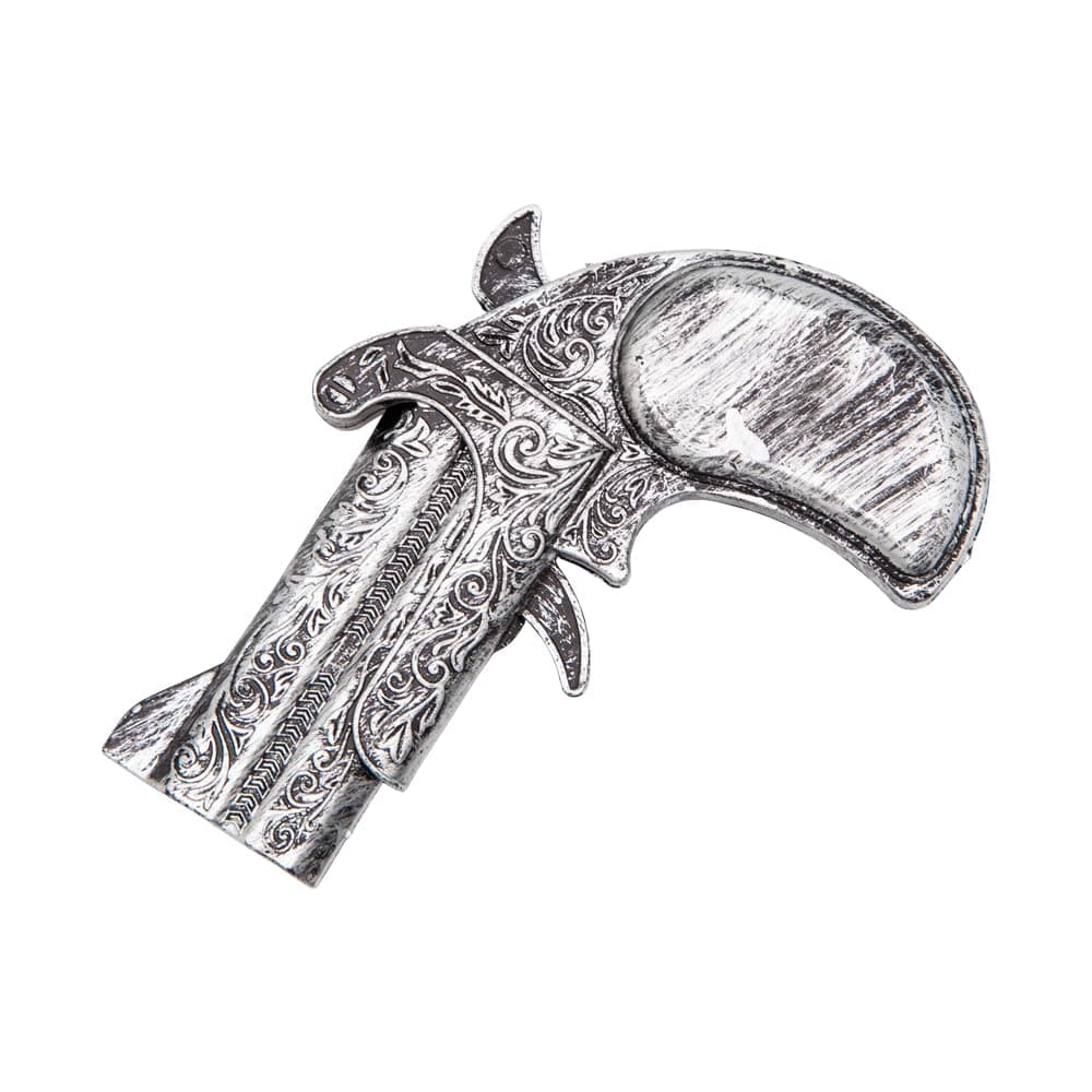 Close up of a silver pirate pistol prop for Halloween