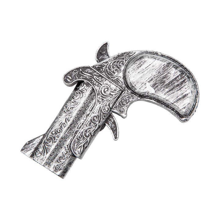 Close up of a silver pirate pistol prop for Halloween
