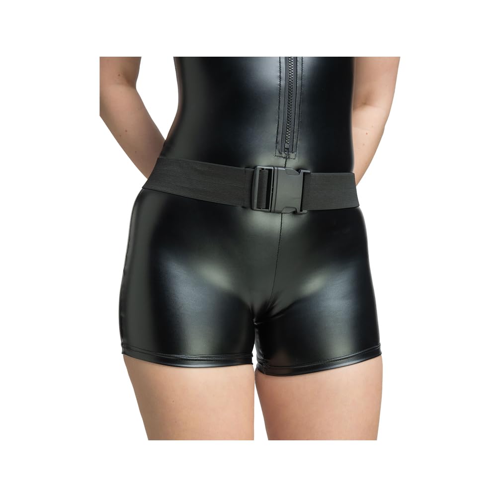 Black leather shorts with a belt on a white background