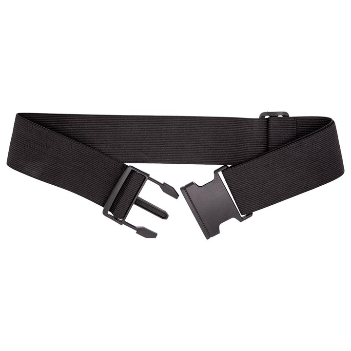 Black elastic belt with a buckle on a white background