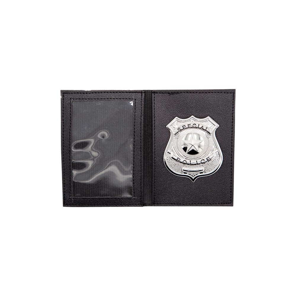 Black badge holder with a police badge on a white background