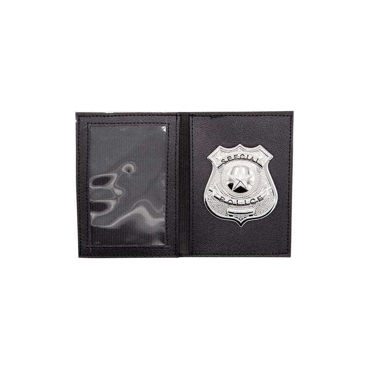 Black badge holder with a police badge on a white background