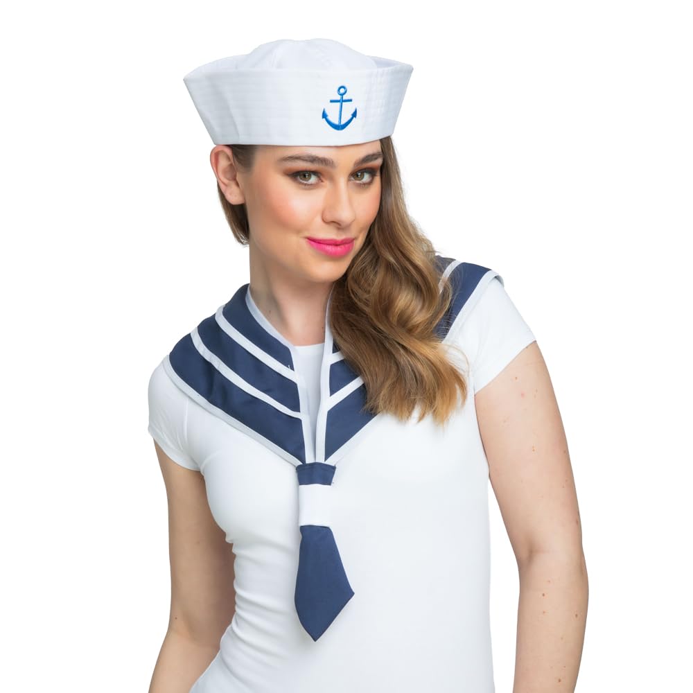 Woman wearing a sailor costume with a white hat and blue accents on a white background