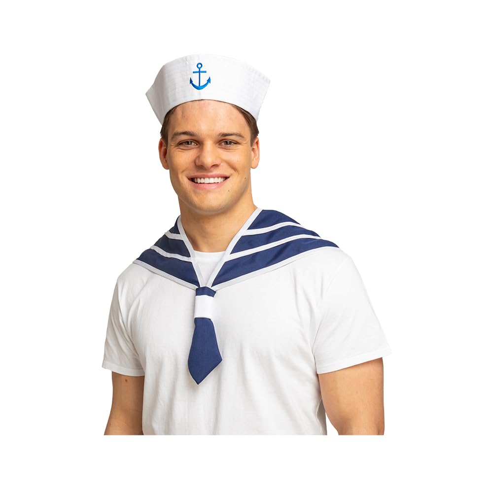 Man wearing a sailor costume with a white hat and blue striped scarf on a white background