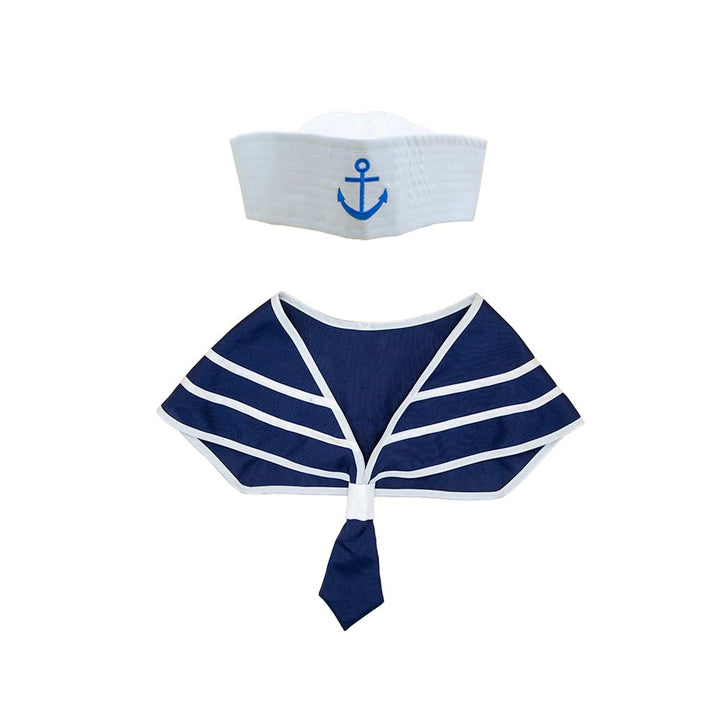 Nautical-themed sailor hat and scarf set on a white background