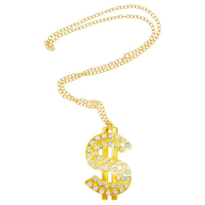 Gold necklace with a dollar sign pendant on a white background