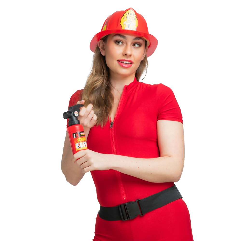  woman wearing a red fire officer helmet holding a mini fire extinguisher