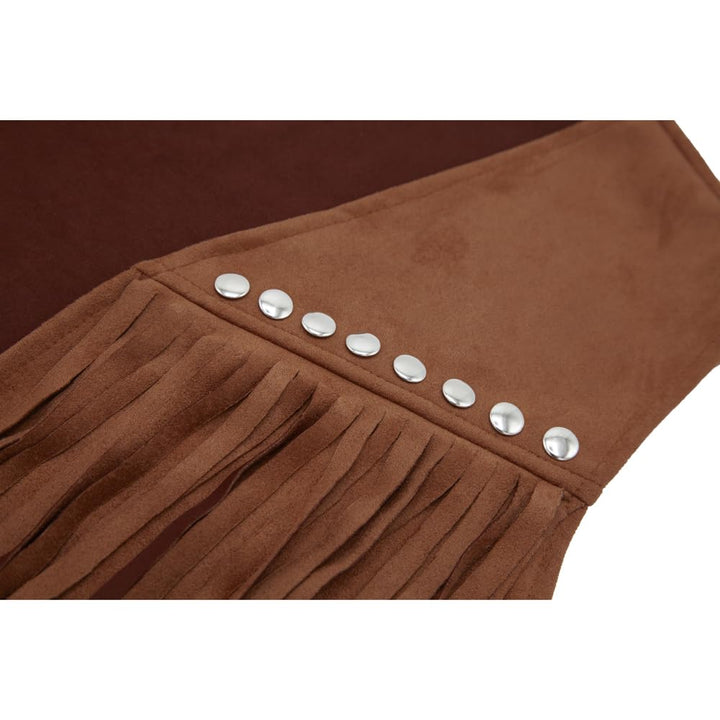 Brown suede fabric with fringe and silver studs on a white background