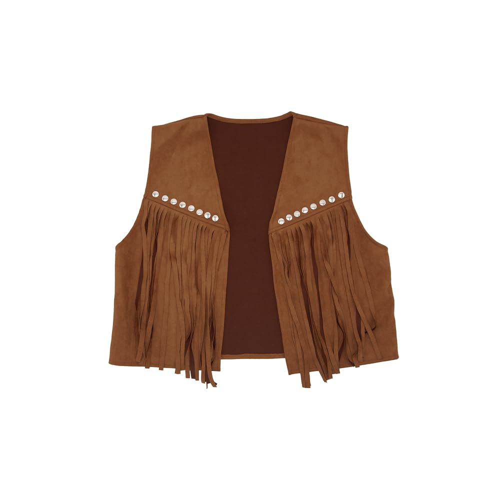 Brown suede cowgirl waistcoat with fringe and decorative studs on a white background