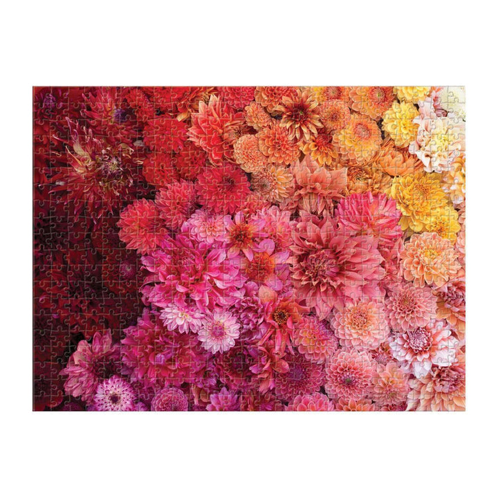 Completed jigsaw puzzle with colourful dahlia flowers