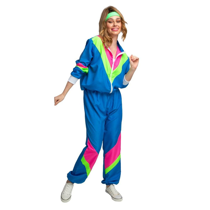 Woman wearing a colourful 1980s-inspired blue shell suit on a white background
