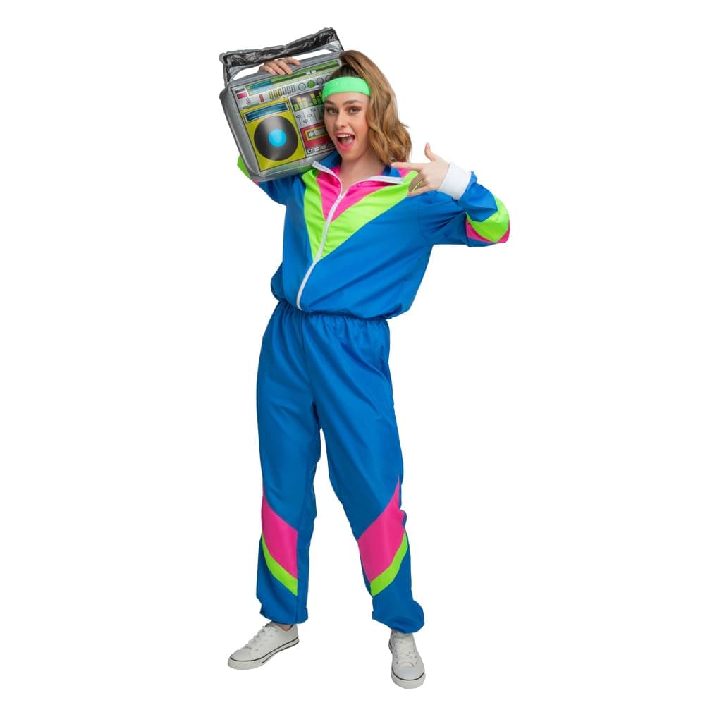 Woman wearing a neon coloured shell suit costume with an 80s boombox on a white background