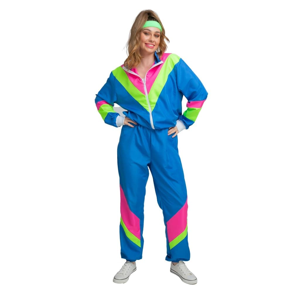 Woman wearing a brightly coloured blue 1980s-style jumpsuit on a white background