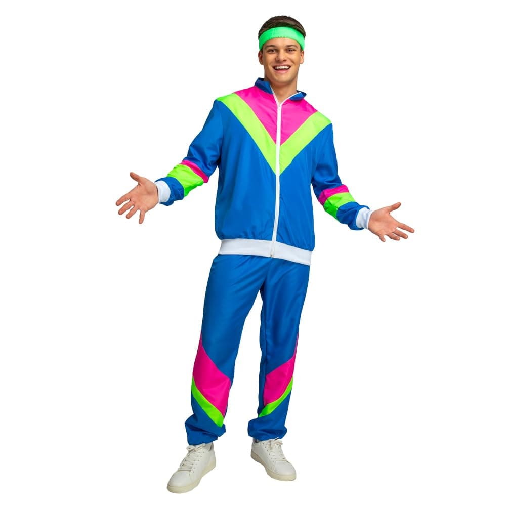 Man wearing a blue and neon coloured 80s-style tracksuit on a white background