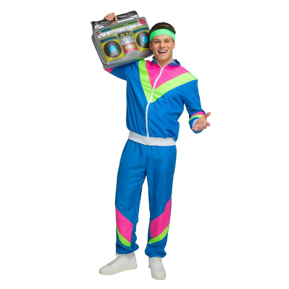 Man wearing a blue 80s-themed shell suit holding a boombox on a white background