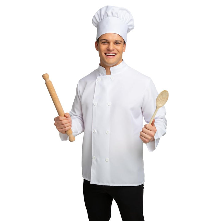 Person wearing a chef's uniform and hat holding a rolling pin and wooden spoon on a white background