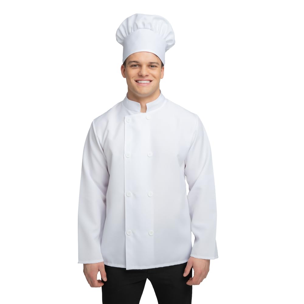 Person wearing a white chef's coat and hat on a white background