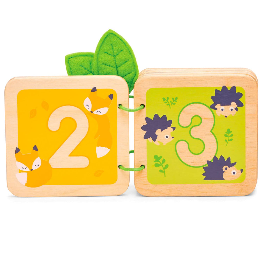 Wooden number puzzle with fox and hedgehog illustrations on a white background