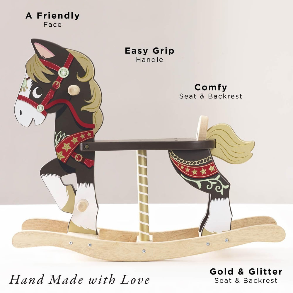 Wooden rocking horse with product features highlighted on a light background