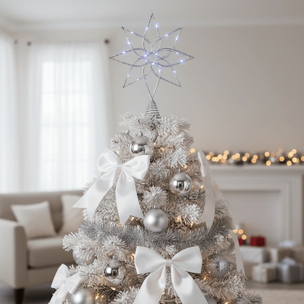 Mr Crimbo Pre-Lit Silver Glitter Flower Christmas Tree Topper Metal LED