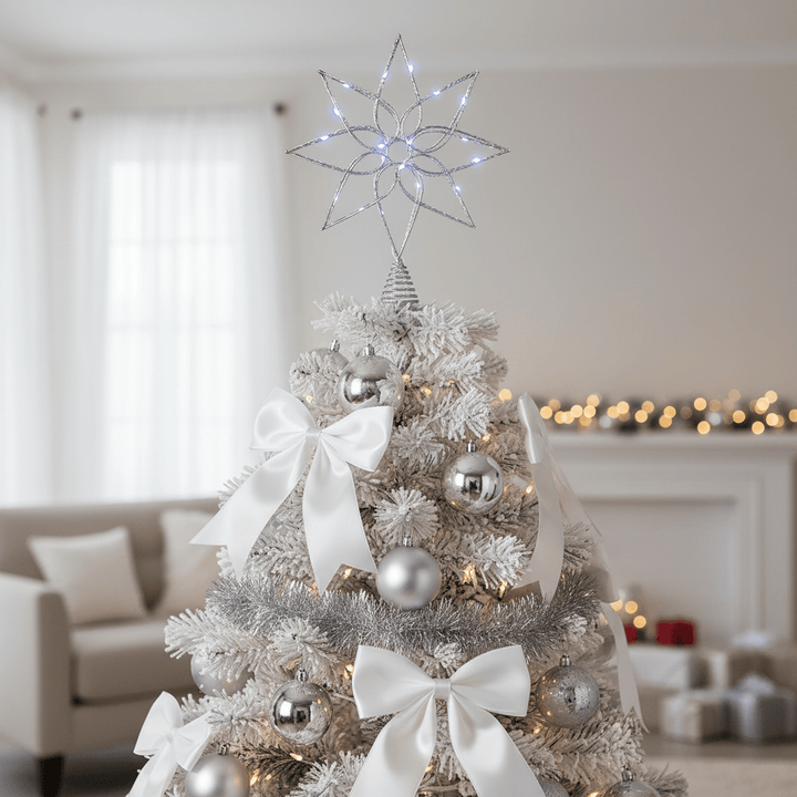 Mr Crimbo Pre-Lit Silver Glitter Flower Christmas Tree Topper Metal LED