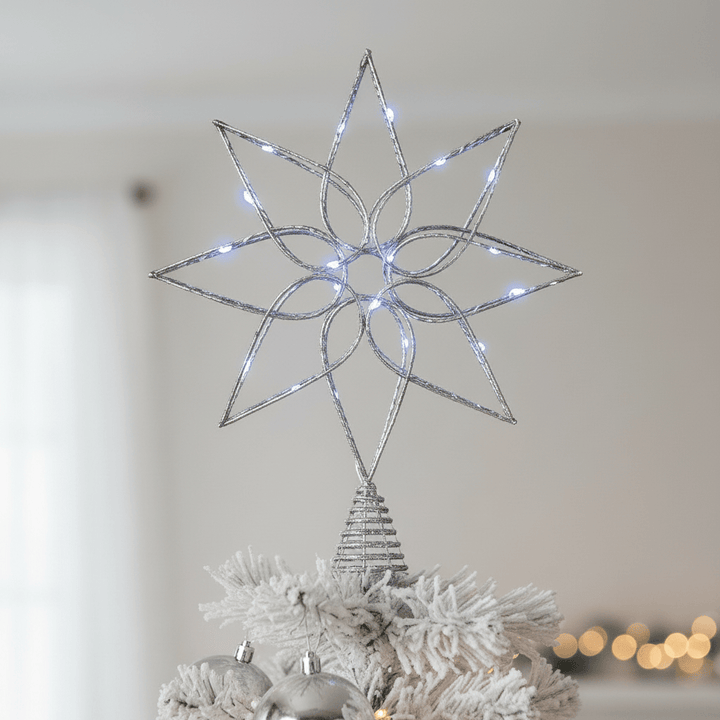 Mr Crimbo Pre-Lit Silver Glitter Flower Christmas Tree Topper Metal LED
