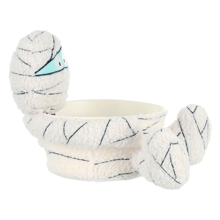 Side view of a Halloween mummy sweets bowl