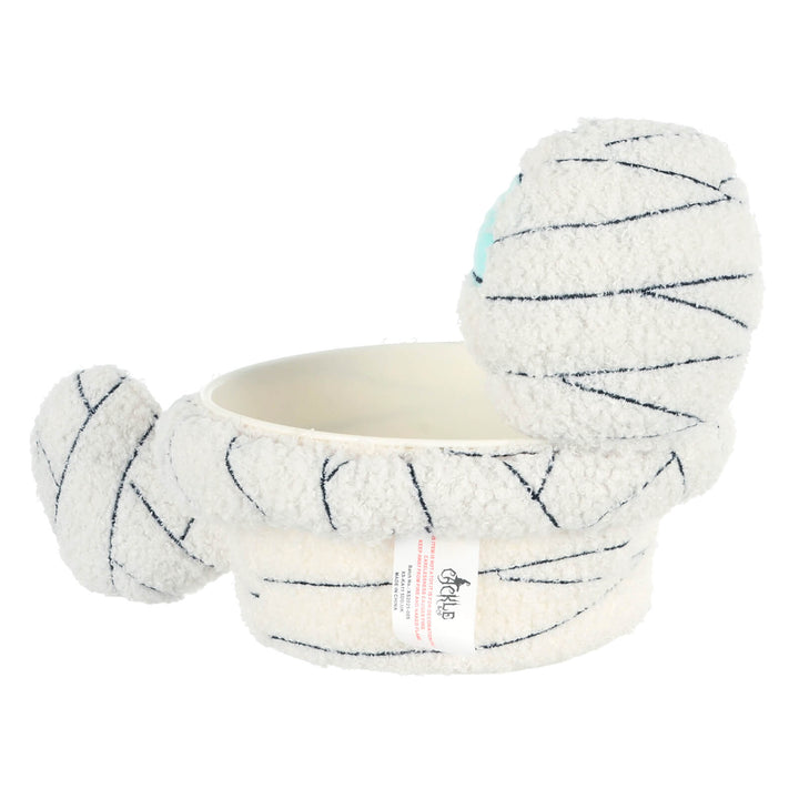 Side view of a mummy treat bowl for Halloween parties