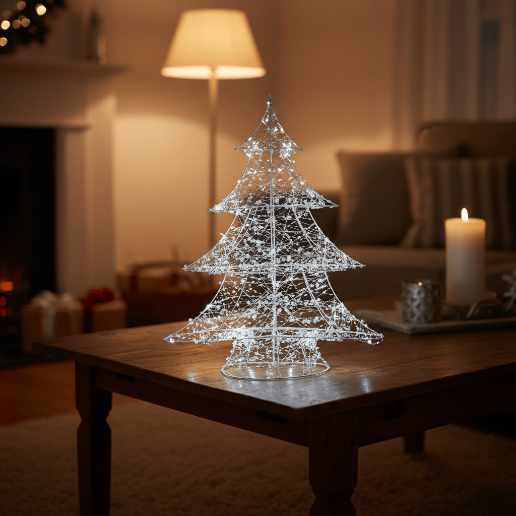 Decorative LED Christmas tree on a wooden table with a warm background