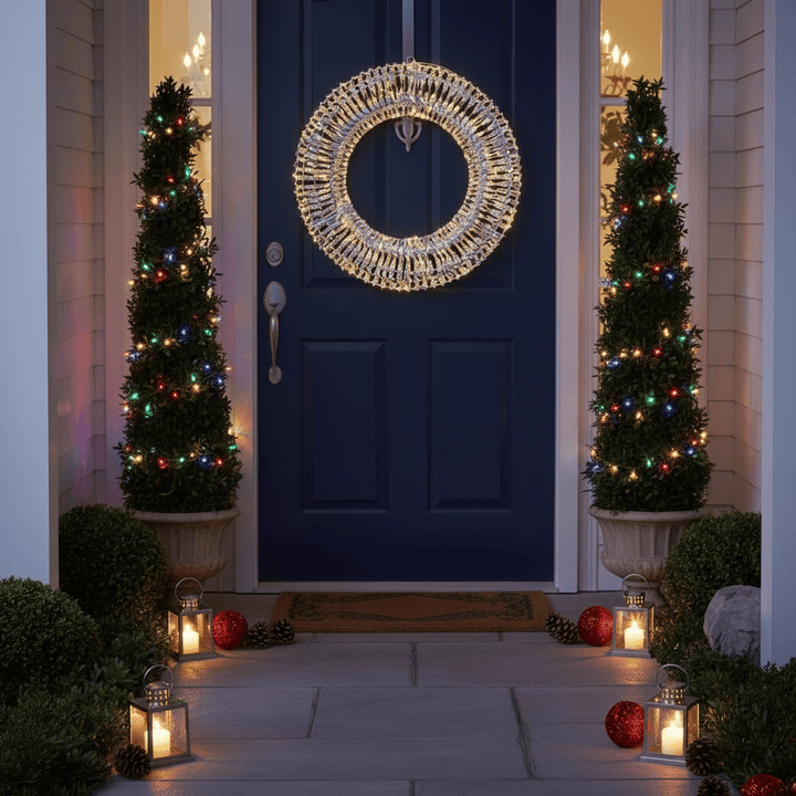 Decorative wreath on a blue door with Christmas trees and lanterns on either side.