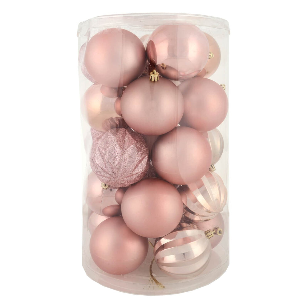 Assorted pink Christmas baubles in a pack