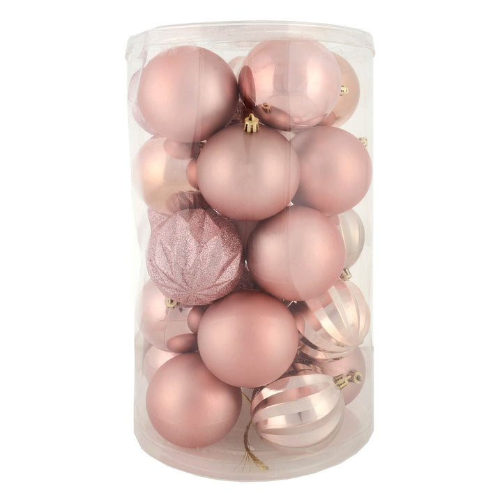 Assorted pink Christmas baubles in a pack