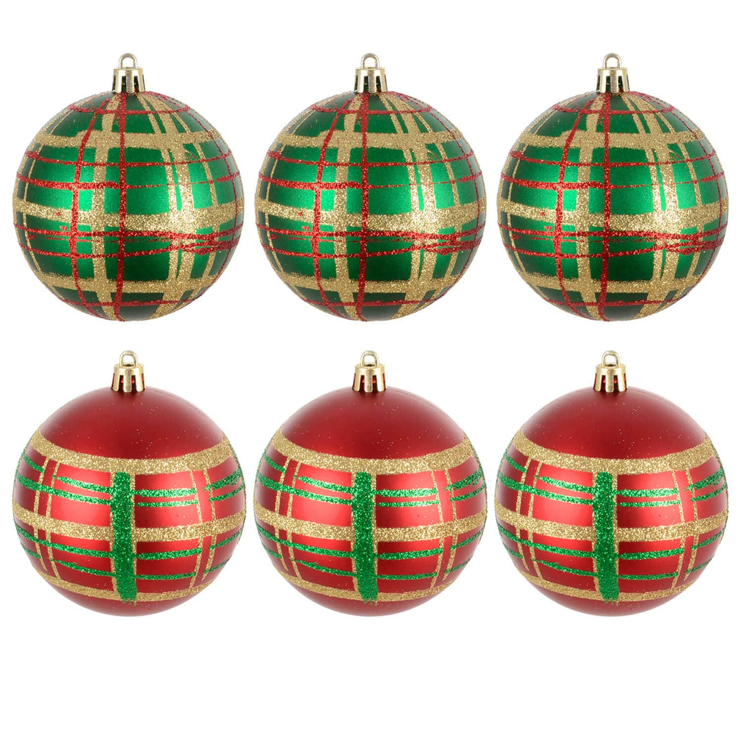 set of 6 green and red tartan Christmas tree baubles