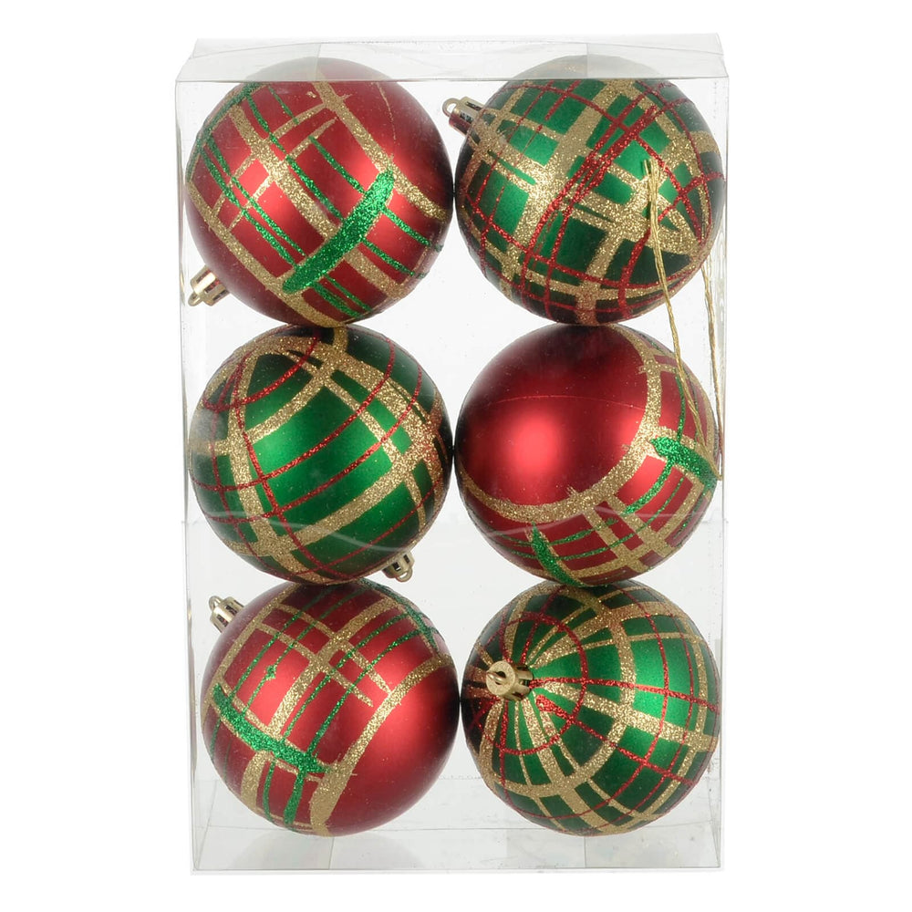 Pack of 6 Christmas tree baubles in red and green tartan patterns