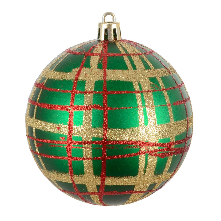 Green red and gold tartan pattern Christmas baubles