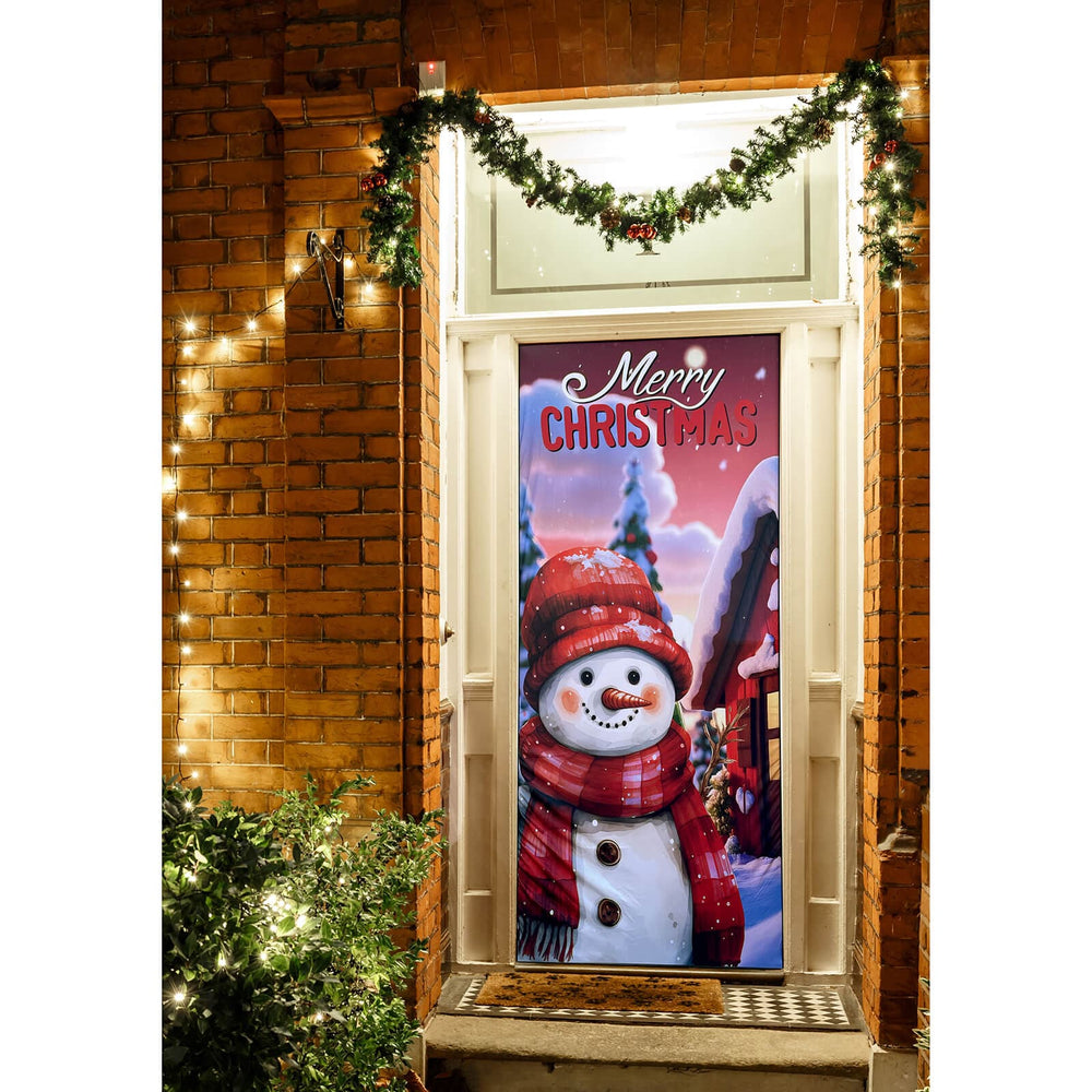 Christmas door cover decoration with a snowman and 'Merry Christmas' text, surrounded by festive lights and garlands.