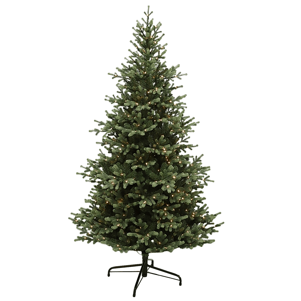 Pre-lit Christmas tree with lights on a white background