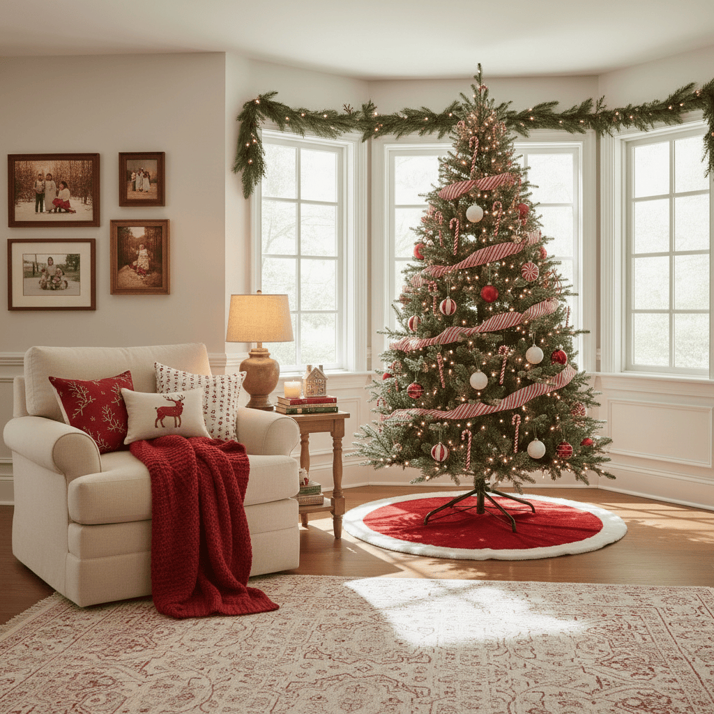 Living room with a decorated Christmas tree, armchair, and festive decorations.