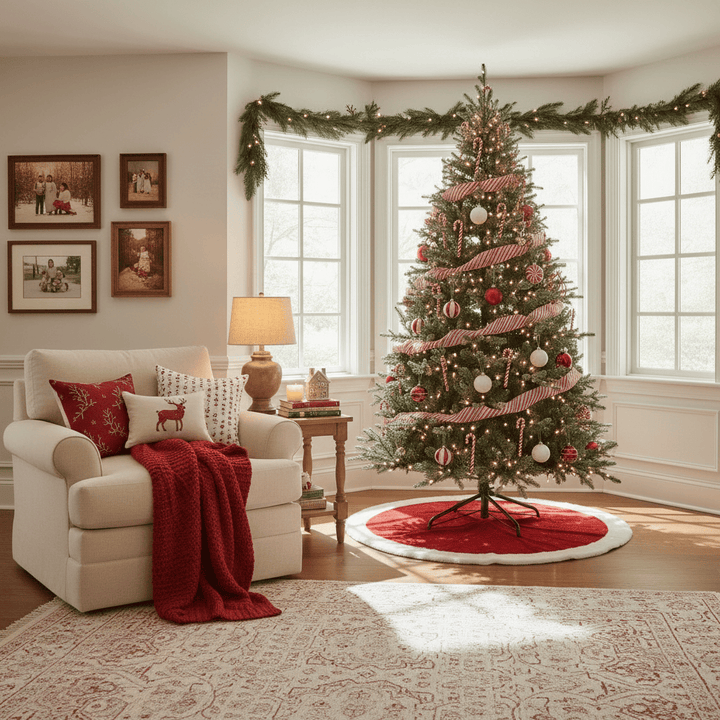 Living room with a decorated Christmas tree, armchair, and festive decorations.