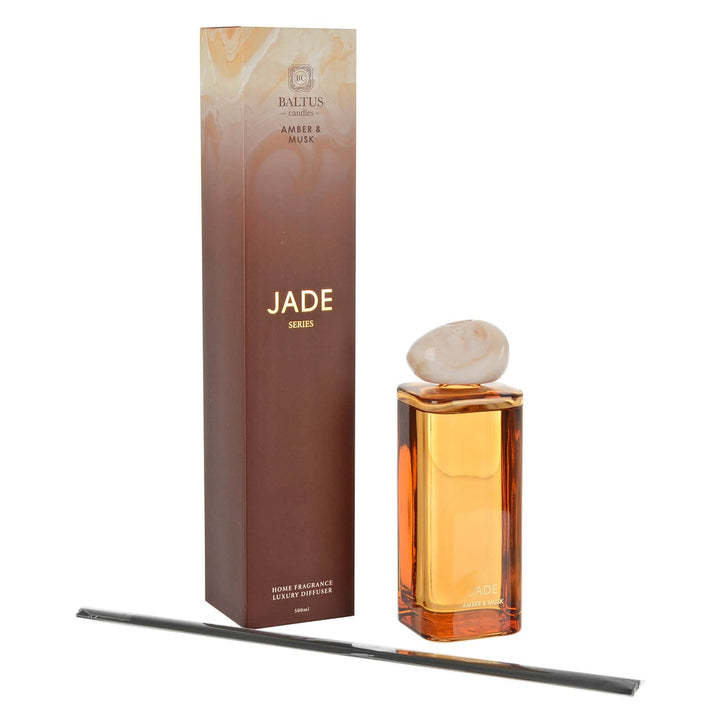 Baltus Jade series Amber &amp; Musk reed diffuser with orange glass bottle and marble stone effect stopper