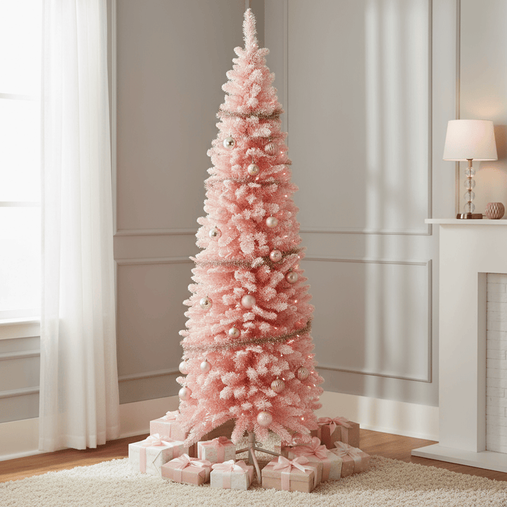 Mr Crimbo 6ft Slim Pink Snowy Flocked Chic Christmas Tree Artificial