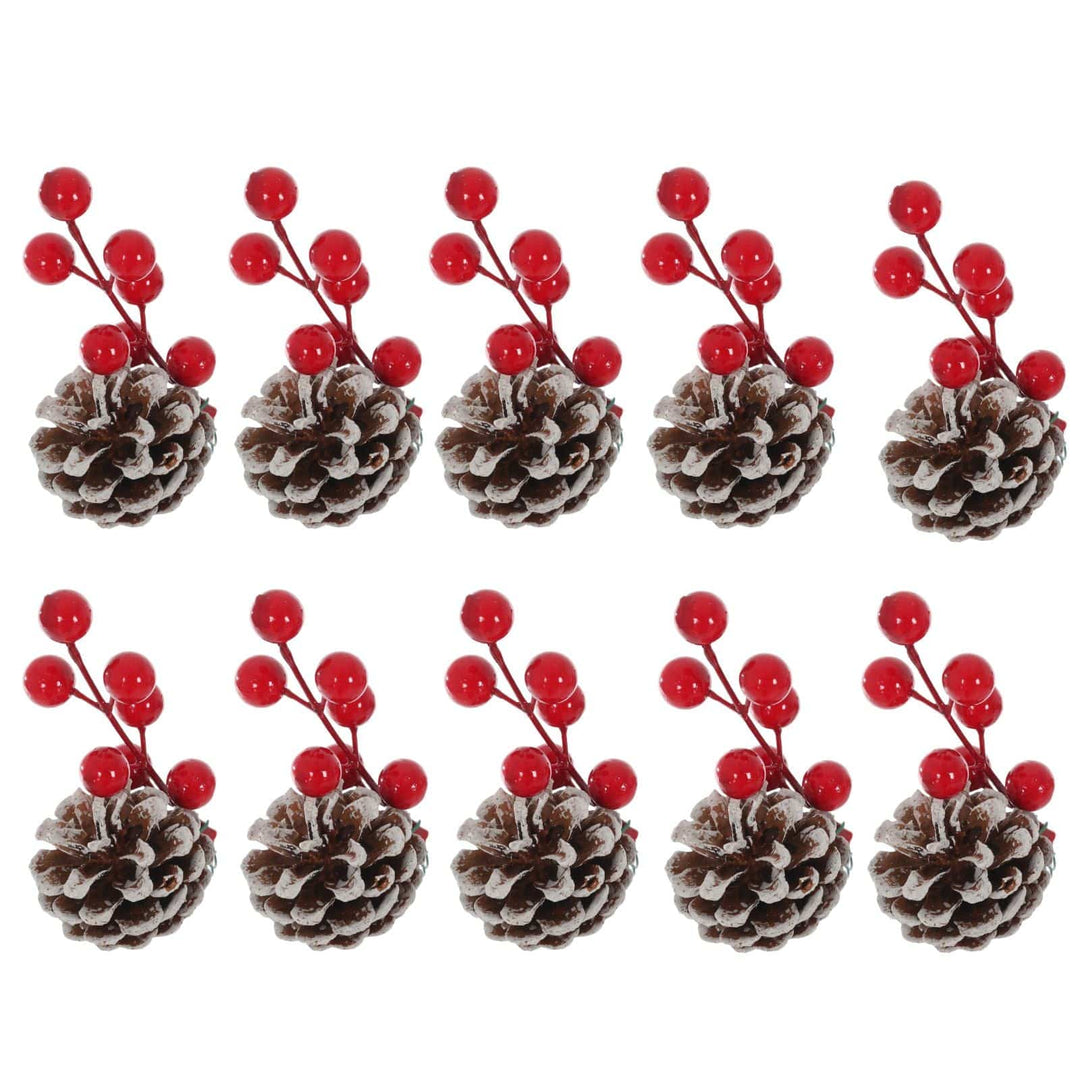 Decorative set of pinecones with red berries on a white background