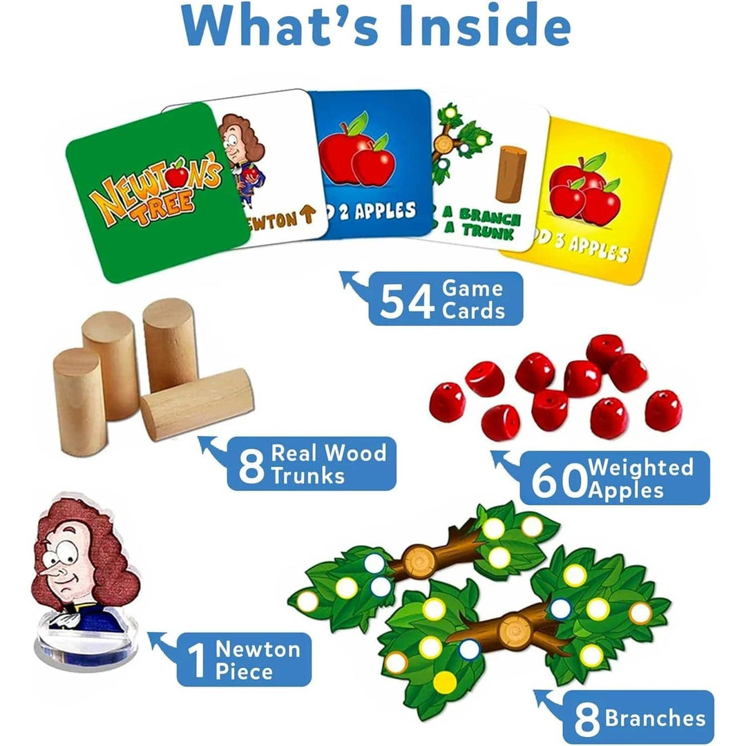 Newton's Tree game with game cards, wooden trunks, apples, and branches on a white background.