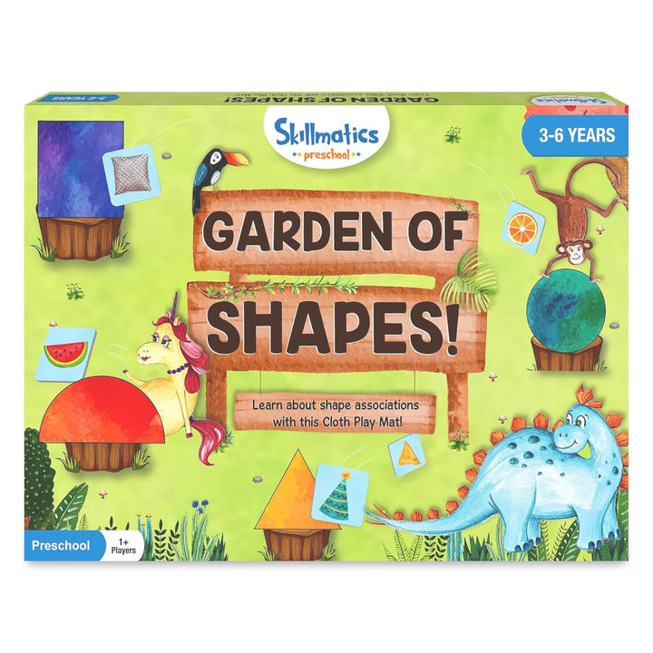 Skillmatics 'Garden of Shapes' educational toy packaging with colourful illustrations and text.